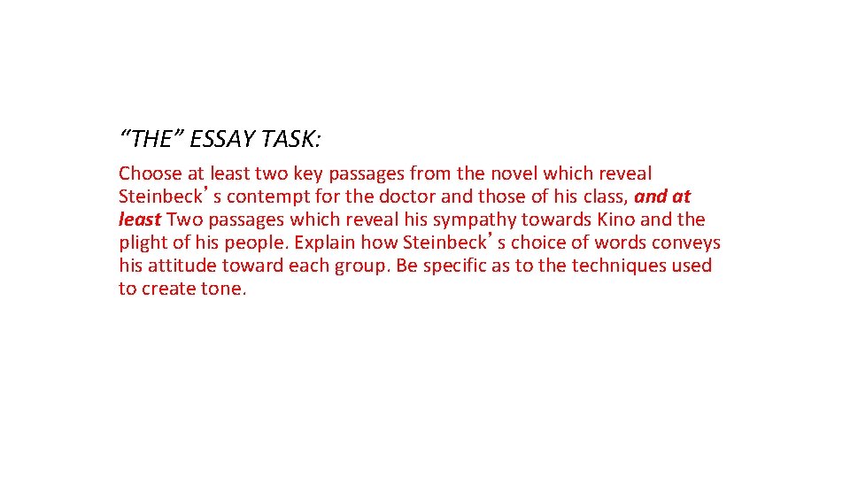 “THE” ESSAY TASK: Choose at least two key passages from the novel which reveal