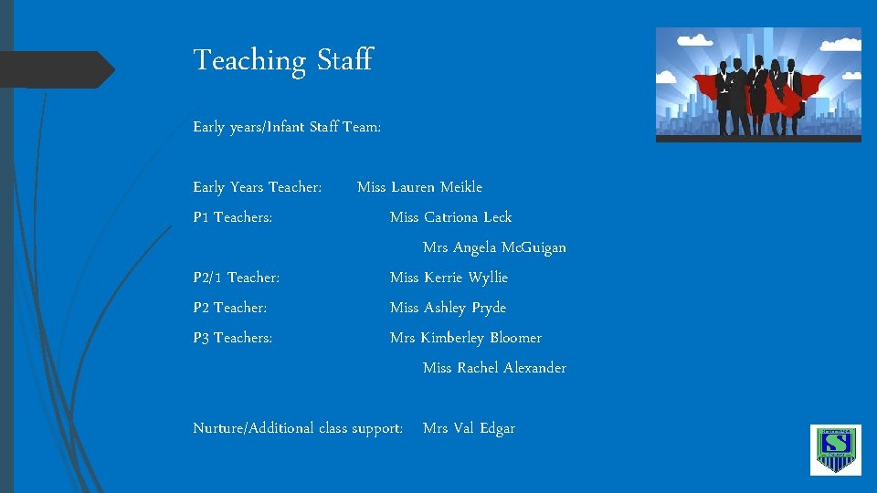 Teaching Staff Early years/Infant Staff Team: Early Years Teacher: P 1 Teachers: P 2/1