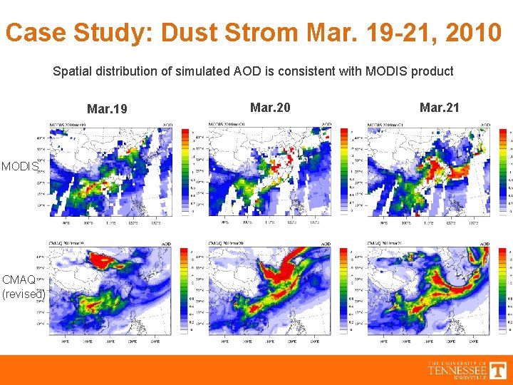 Case Study: Dust Strom Mar. 19 -21, 2010 Spatial distribution of simulated AOD is