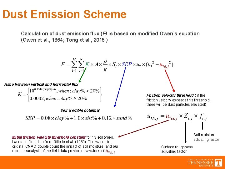 Dust Emission Scheme Calculation of dust emission flux (F) is based on modified Owen’s