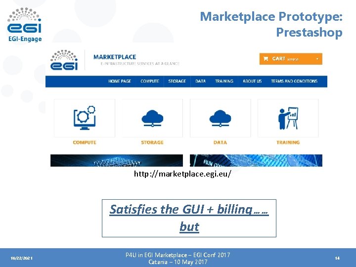 Marketplace Prototype: Prestashop http: //marketplace. egi. eu/ Satisfies the GUI + billing…… but 10/22/2021