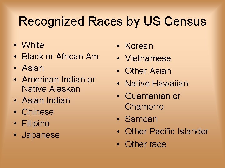 Recognized Races by US Census • • White Black or African Am. Asian American