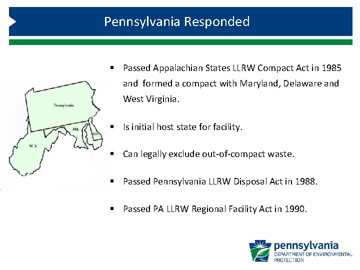 Pennsylvania Responded § Passed Appalachian States LLRW Compact Act in 1985 and formed a