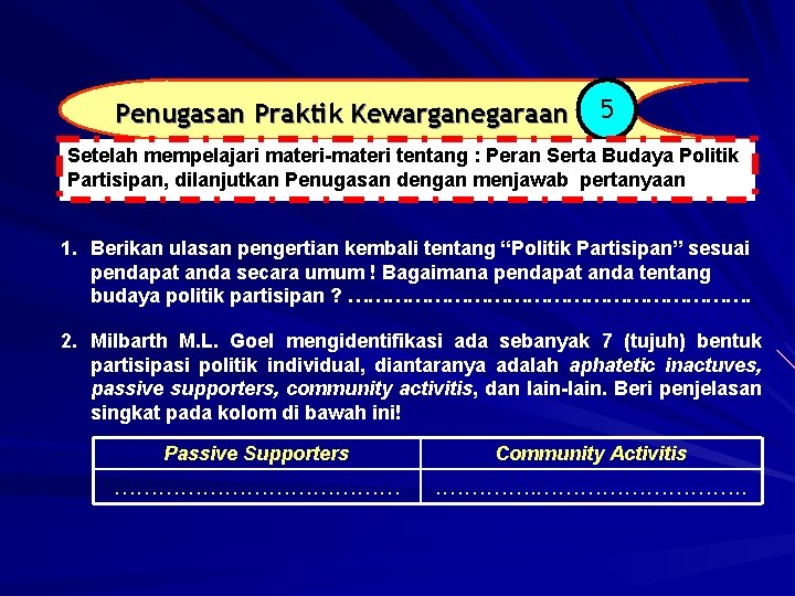 Penugasan Praktik Kewarganegaraan 5 Setelah mempelajari materi tentang : Peran Serta Budaya Politik Partisipan,