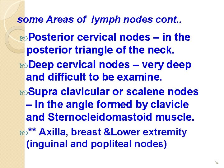 some Areas of lymph nodes cont. . Posterior cervical nodes – in the posterior