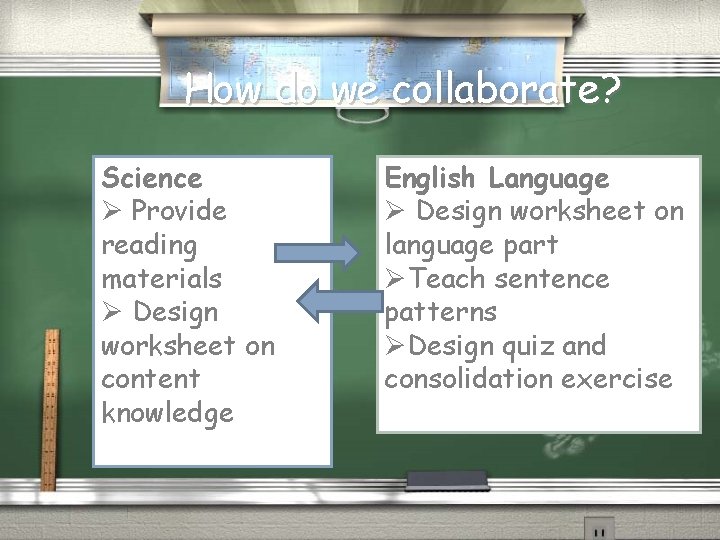 How do we collaborate? Science Ø Provide reading materials Ø Design worksheet on content