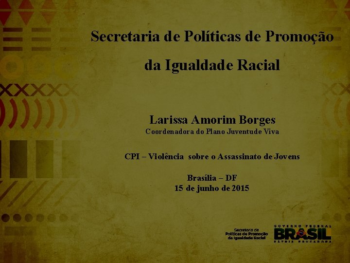 Secretaria de Políticas de Promoção da Igualdade Racial Larissa Amorim Borges ASPlano POLÍTICAS Coordenadora