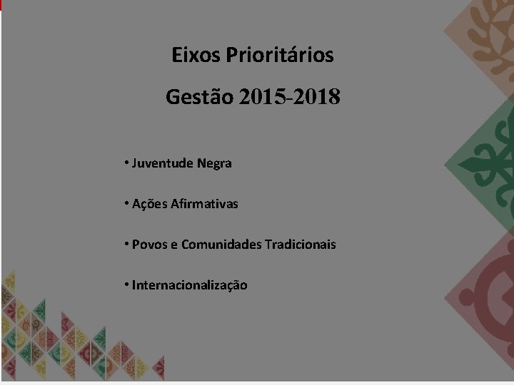 Eixos Prioritários Gestão 2015 -2018 • Juventude Negra • Ações Afirmativas • Povos e