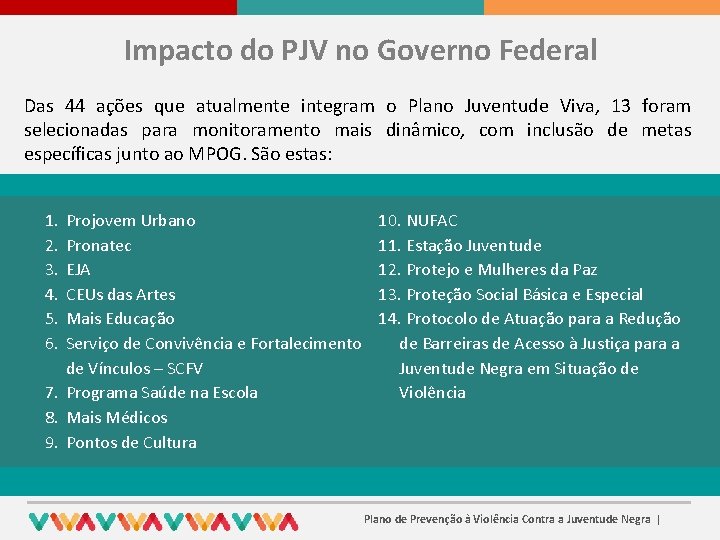 Impacto do PJV no Governo Federal Das 44 ações que atualmente integram o Plano