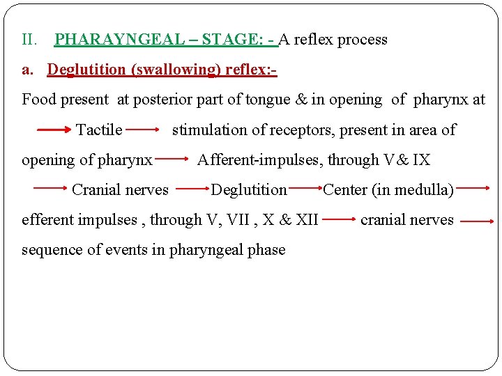 II. PHARAYNGEAL – STAGE: - A reflex process a. Deglutition (swallowing) reflex: Food present