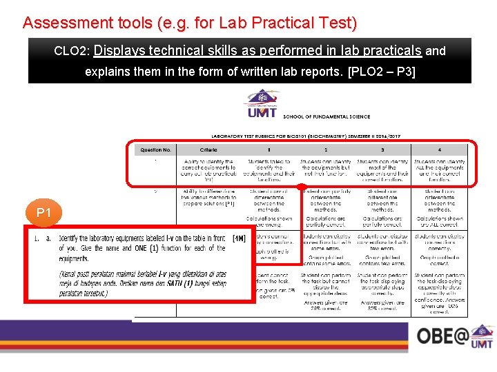 Assessment tools (e. g. for Lab Practical Test) CLO 2: Displays technical skills as