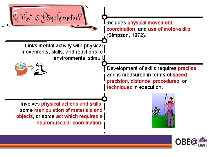 Includes physical movement, movement coordination, coordination and use of motor-skills (Simpson, 1972). Links mental