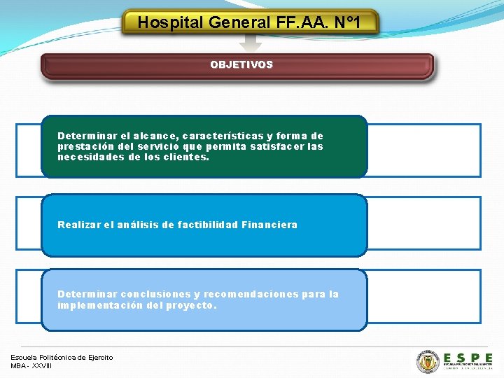 Hospital General FF. AA. N° 1 OBJETIVOS Determinar el alcance, características y forma de