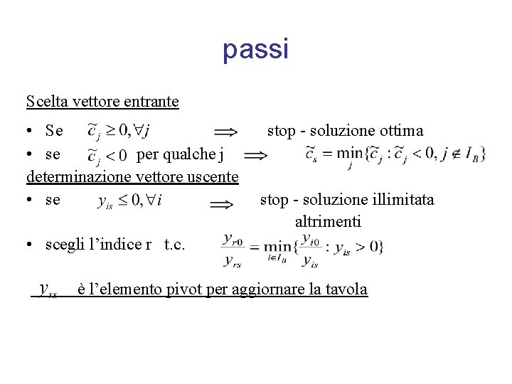 passi Scelta vettore entrante • Se • se per qualche j determinazione vettore uscente