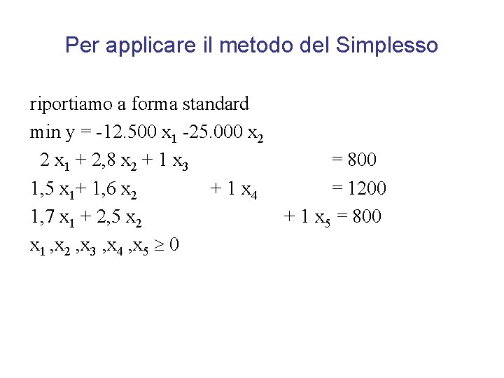 Per applicare il metodo del Simplesso riportiamo a forma standard min y = -12.