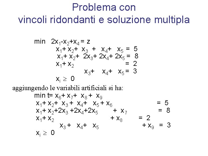 Problema con vincoli ridondanti e soluzione multipla min 2 x 1 -x 2+x 4