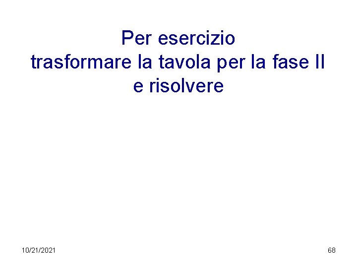 Per esercizio trasformare la tavola per la fase II e risolvere 10/21/2021 68 