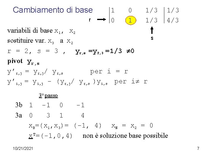 Cambiamento di base r 1 0 0 1 1/3 variabili di base x 1,