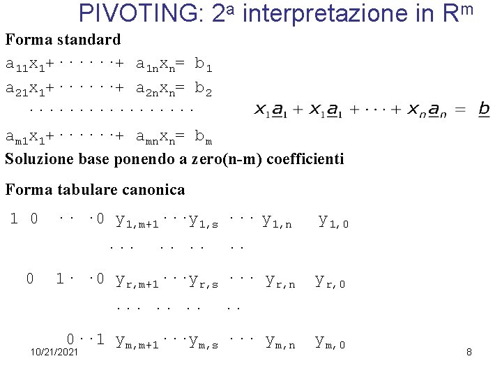 PIVOTING: 2 a interpretazione in Rm Forma standard a 11 x 1+······+ a 1