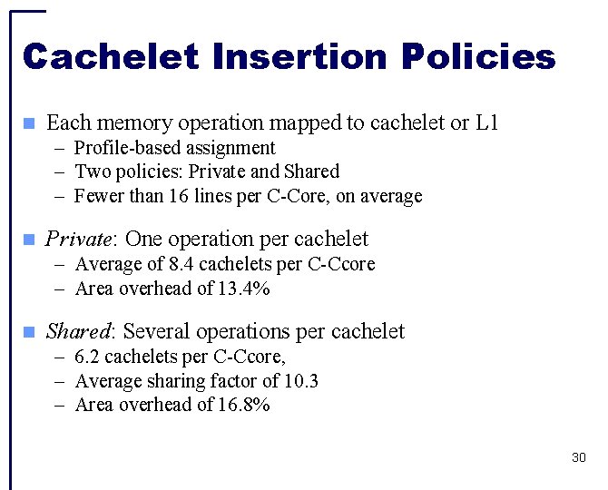Cachelet Insertion Policies Each memory operation mapped to cachelet or L 1 – Profile-based