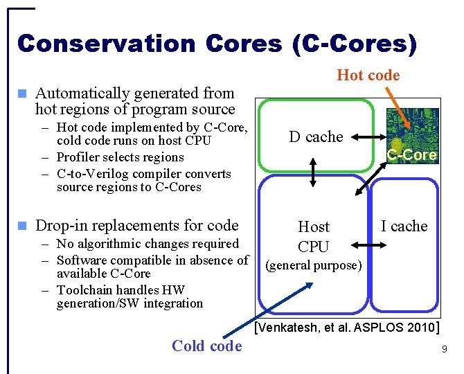 Conservation Cores (C-Cores) Automatically generated from hot regions of program source – Hot code
