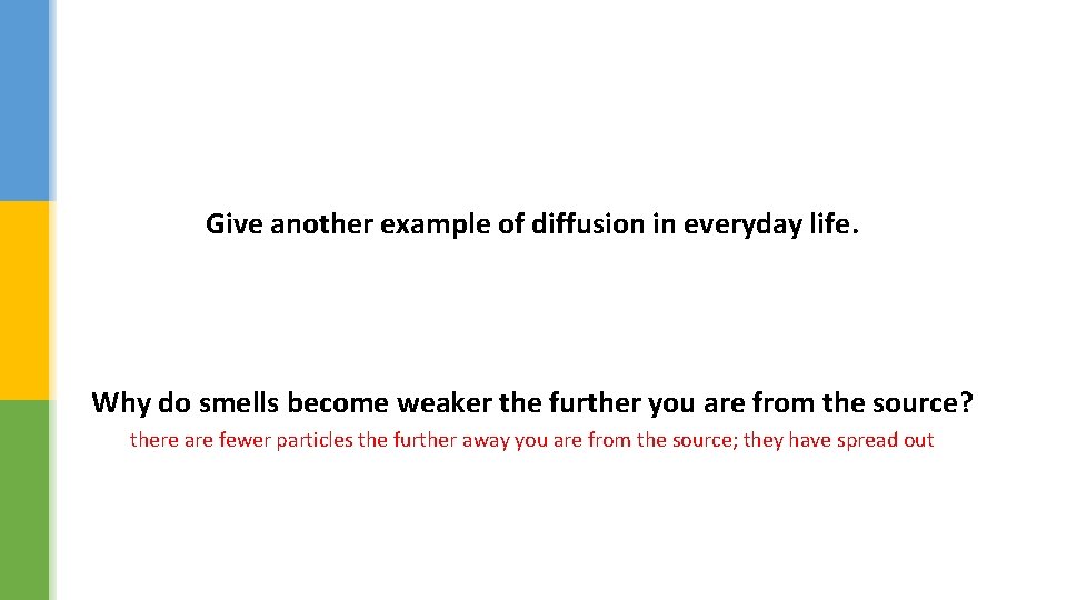 Give another example of diffusion in everyday life. Why do smells become weaker the