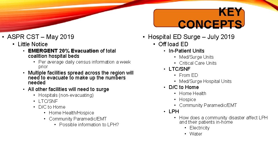 KEY CONCEPTS • ASPR CST – May 2019 • Little Notice • EMERGENT 20%