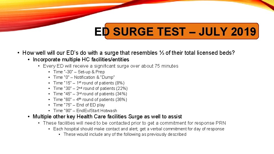 ED SURGE TEST – JULY 2019 • How well will our ED’s do with