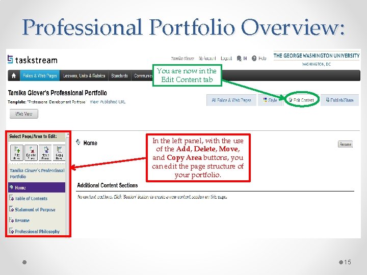 Professional Portfolio Overview: You are now in the Edit Content tab In the left