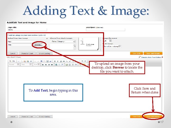 Adding Text & Image: To upload an image from your desktop, click Browse to