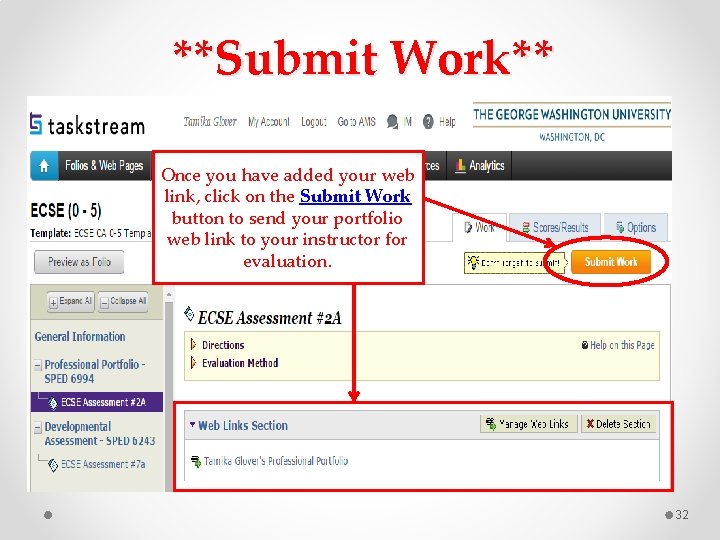 **Submit Work** Once you have added your web link, click on the Submit Work
