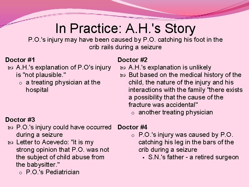 In Practice: A. H. 's Story P. O. 's injury may have been caused