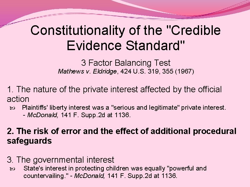 Constitutionality of the "Credible Evidence Standard" 3 Factor Balancing Test Mathews v. Eldridge, 424