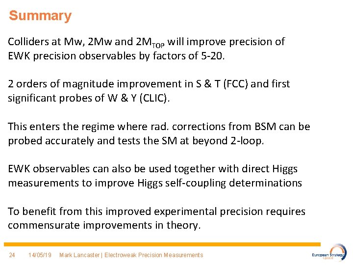 Summary Colliders at Mw, 2 Mw and 2 MTOP will improve precision of EWK