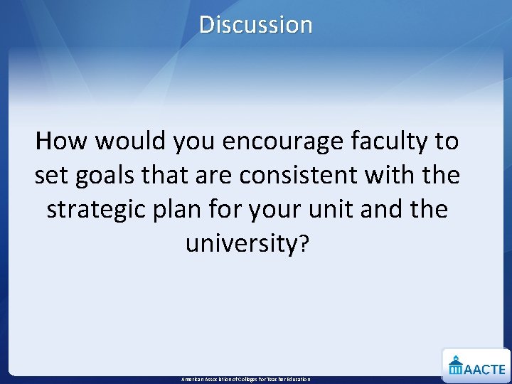 Discussion How would you encourage faculty to set goals that are consistent with the