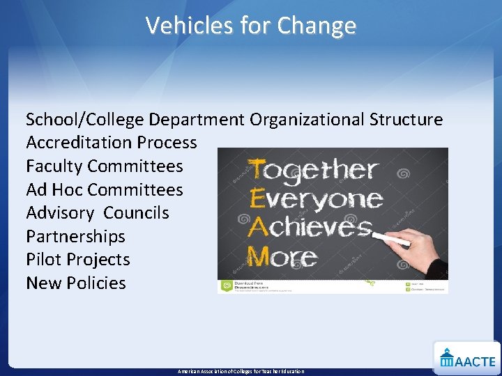 Vehicles for Change School/College Department Organizational Structure Accreditation Process Faculty Committees Ad Hoc Committees