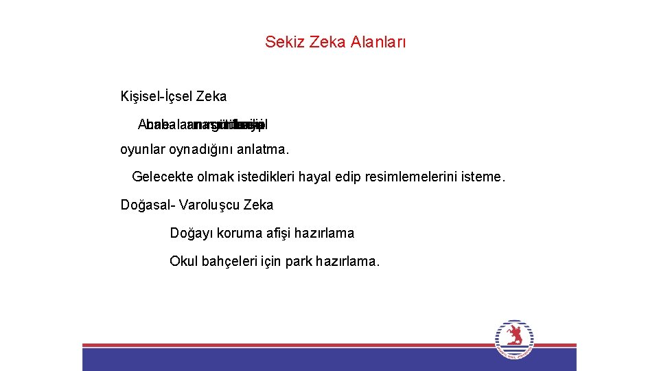 Sekiz Zeka Alanları Kişisel-İçsel Zeka Annebabalarının anasınıfı günlerini türhayal ne edip oyunlar oynadığını anlatma.