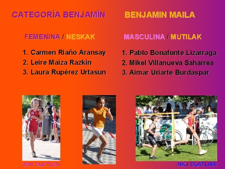 CATEGORÍA BENJAMÍN BENJAMIN MAILA FEMENINA / NESKAK MASCULINA / MUTILAK 1. Carmen Riaño Aransay