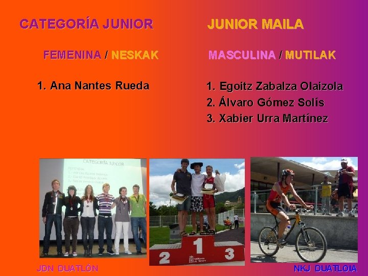 CATEGORÍA JUNIOR FEMENINA / NESKAK 1. Ana Nantes Rueda JDN DUATLÓN JUNIOR MAILA MASCULINA