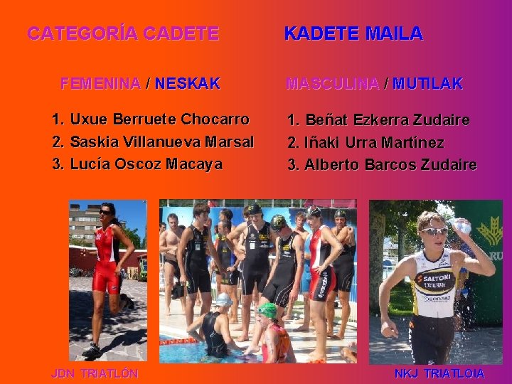 CATEGORÍA CADETE FEMENINA / NESKAK 1. Uxue Berruete Chocarro 2. Saskia Villanueva Marsal 3.