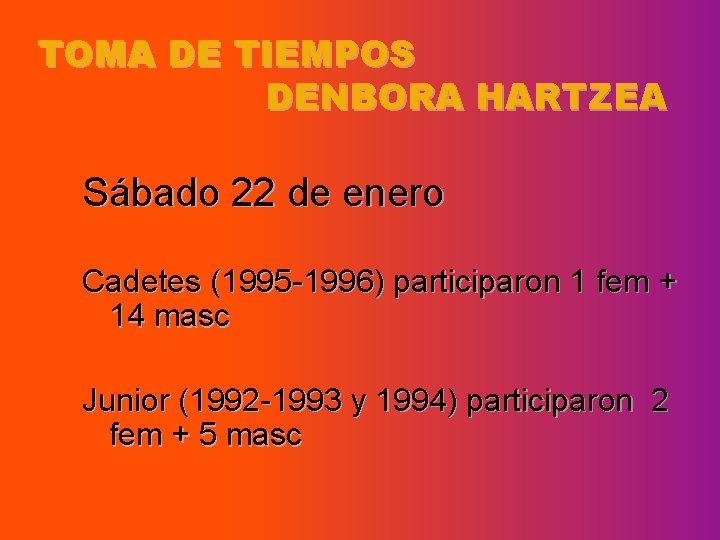 TOMA DE TIEMPOS DENBORA HARTZEA Sábado 22 de enero Cadetes (1995 -1996) participaron 1