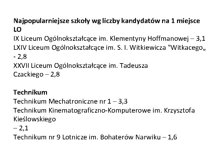 Najpopularniejsze szkoły wg liczby kandydatów na 1 miejsce LO IX Liceum Ogólnokształcące im. Klementyny