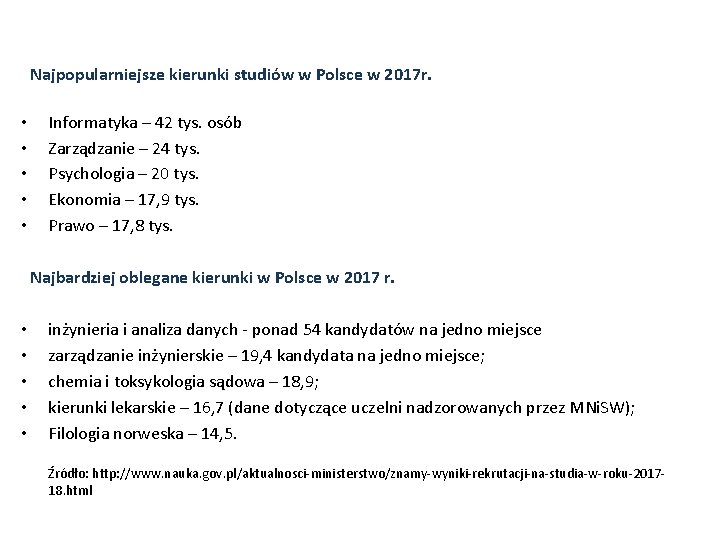 Najpopularniejsze kierunki studiów w Polsce w 2017 r. • • • Informatyka – 42