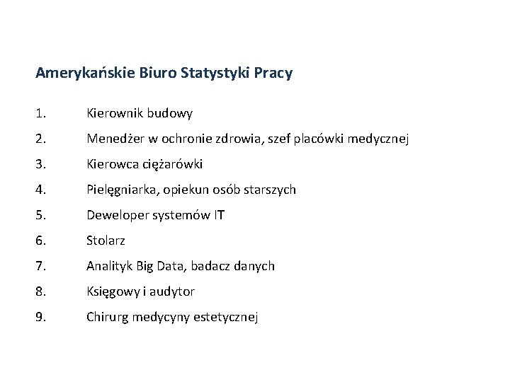 Amerykańskie Biuro Statystyki Pracy 1. Kierownik budowy 2. Menedżer w ochronie zdrowia, szef placówki