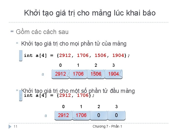 Khởi tạo giá trị cho mảng lúc khai báo Gồm cách sau Khởi tạo