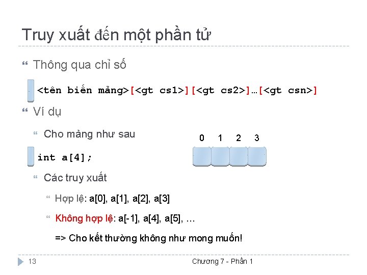 Truy xuất đến một phần tử Thông qua chỉ số <tên biến mảng>[<gt cs