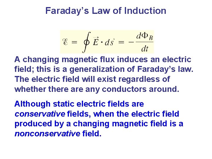 Faraday’s Law of Induction A changing magnetic flux induces an electric field; this is