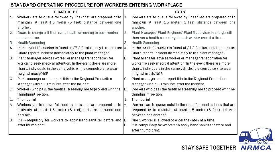 STANDARD OPERATING PROCEDURE FOR WORKERS ENTERING WORKPLACE 1. 2. 3. A. B. C. D.