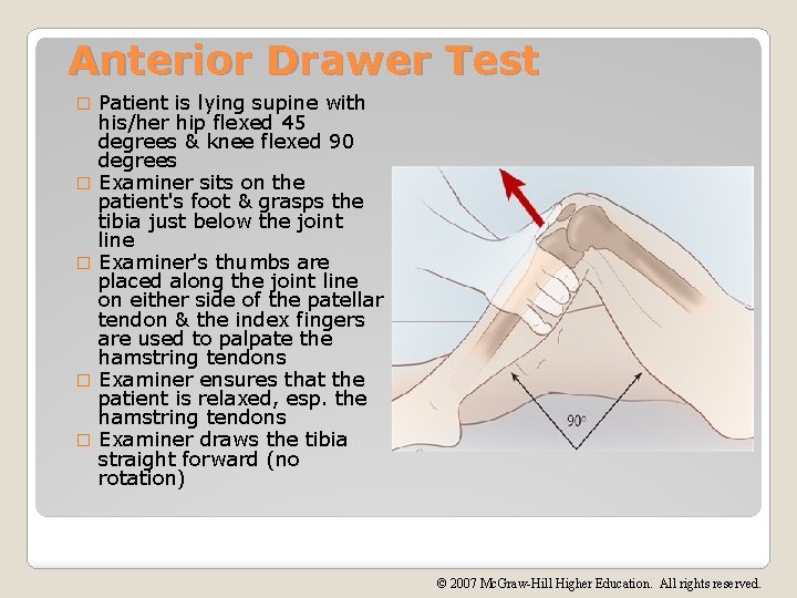 Anterior Drawer Test � � � Patient is lying supine with his/her hip flexed