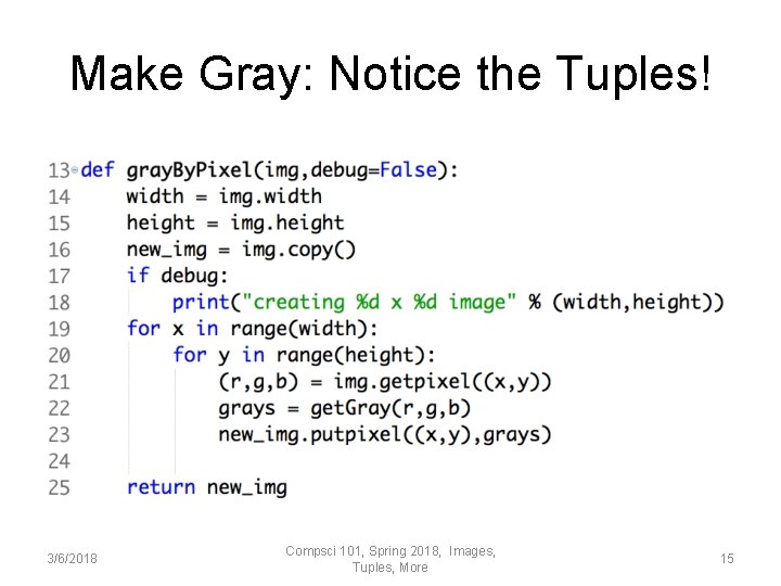 Make Gray: Notice the Tuples! 3/6/2018 Compsci 101, Spring 2018, Images, Tuples, More 15